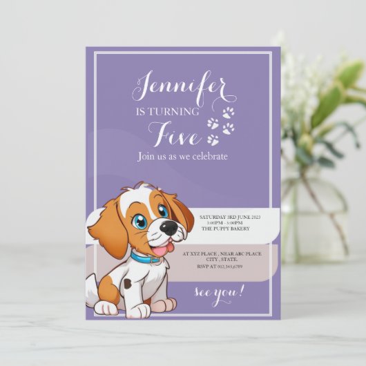 Paarse Retro Schattigee Puppy Thema Kids Verjaarda Kaart (Staand voorkant)