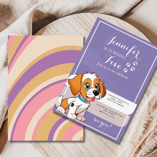 Paarse Retro Schattigee Puppy Thema Kids Verjaarda Kaart