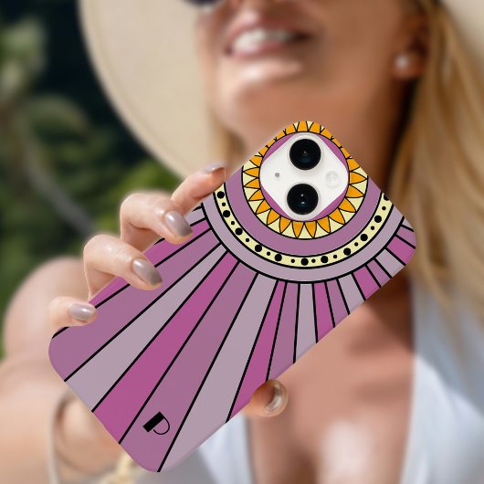 Paarse Retro zonnestralen Custom monogram letter Case-Mate iPhone Case