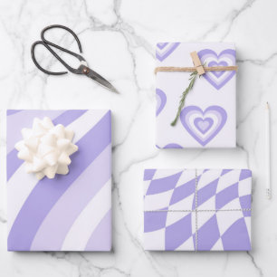 Paarse retrorgeometrische stripes harten vierkantj inpakpapier vel