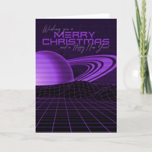 Paarse Retrowave Kerstkaart Feestdagen Kaart