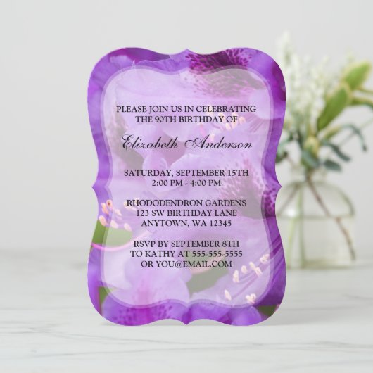 Paarse Rhododendron Flowers 90th Birthday Party Kaart (Staand voorkant)
