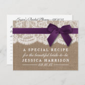 Paarse Ribbon, Burlap & Lace Vrijgezellenfeest Rec Uitnodiging Briefkaart (Voorkant / Achterkant)