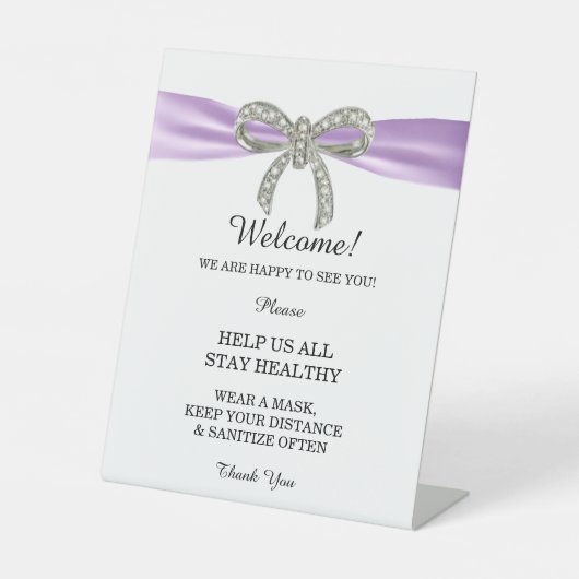 Paarse ribbon Diamond Bow Wedding Safety Reclamebord Met Voetstuk (Voorkant)