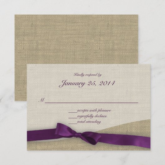 Paarse Ribbon en Burlap Respons RSVP Kaartje (Voorkant / Achterkant)