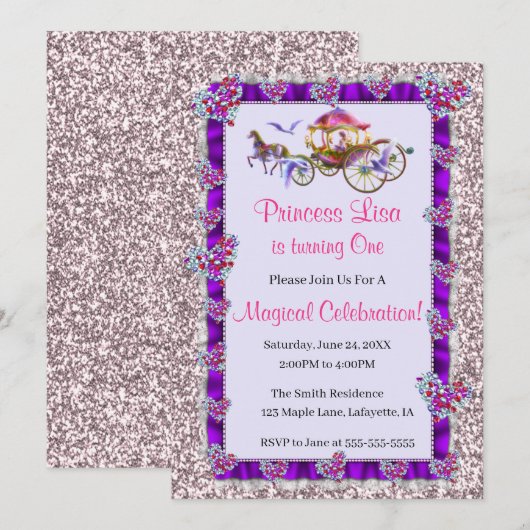 Paarse Ribbon Pink Glitter Royal Princess Birthday Kaart (Voorkant / Achterkant)