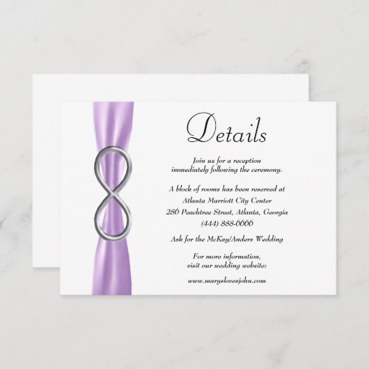 Paarse ribbon Silver Infinity Wedding Details Informatiekaartje (Voorkant / Achterkant)