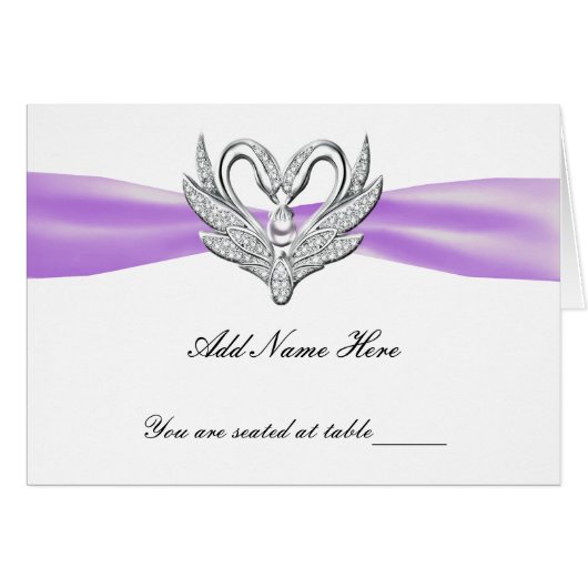 Paarse ribbon Silver Swans Folted Table Place Card (Voorkant Horizontaal)