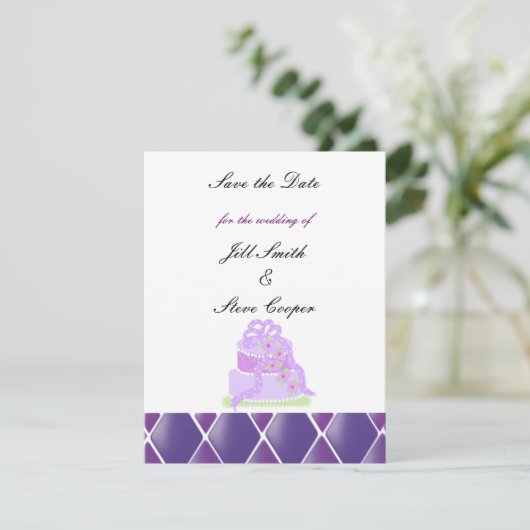 Paarse ribbon Wedding Cake Save the Date (Staand voorkant)