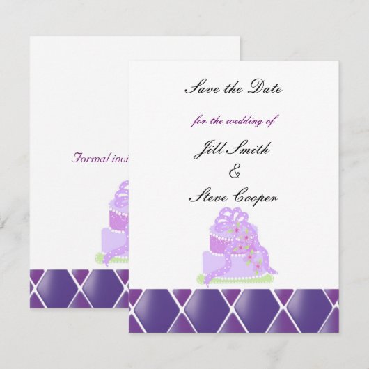 Paarse ribbon Wedding Cake Save the Date (Voorkant / Achterkant)