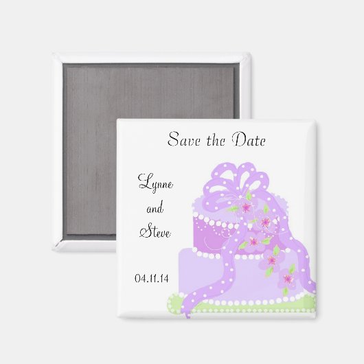 Paarse ribbon Wedding Cake Save the Date Magneet (Voorkant / Achterkant)