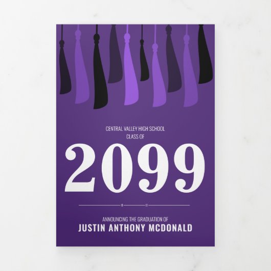 Paarse rij van Tassels 3-Foto-Afstuderen Drieluik Uitnodiging (Cover)