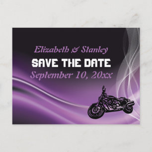 Paarse road biker bruiloft Save the Date briefkaar Aankondigingskaart