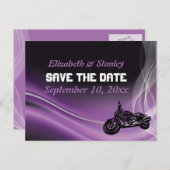 Paarse road biker bruiloft Save the Date briefkaar Aankondigingskaart (Voorkant / Achterkant)