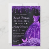 Paarse Robe, Glitters & Vlinder Sweet 16 Kaart (Voorkant)