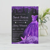 Paarse Robe, Glitters & Vlinder Sweet 16 Kaart (Staand voorkant)