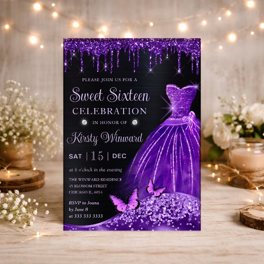 Paarse Robe, Glitters & Vlinder Sweet 16 Kaart
