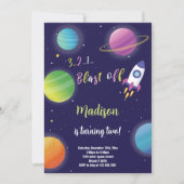Paarse Rocket Outer Space verjaardagsuitnodiging Kaart (Voorkant)