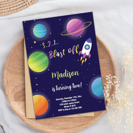 Paarse Rocket Outer Space verjaardagsuitnodiging Kaart