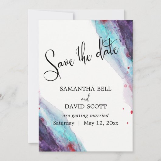Paarse Rode Aqua Waterverf Modern Save the Date Kaart (Voorkant)