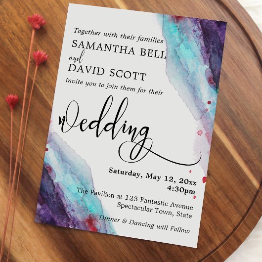 Paarse, Rode & Aqua Waterverf Moderne Bruiloft 1 Kaart
