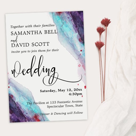 Paarse, Rode & Aqua Waterverf Moderne Bruiloft 1 Kaart