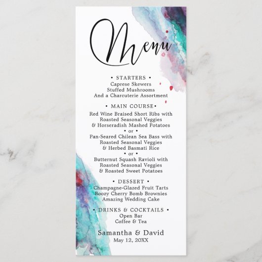 Paarse rode aqua Waterverf moderne bruiloft Menu (Voorkant)