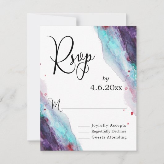 Paarse Rode Aqua Waterverf Moderne Bruiloft RSVP (Voorkant)