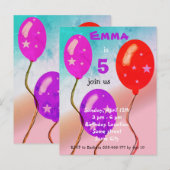 Paarse Rode Ballons Kinderen van Birthday  Uitnodiging Briefkaart (Voorkant / Achterkant)