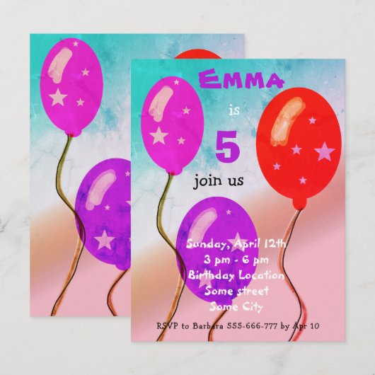 Paarse Rode Ballons Kinderen van Birthday  Uitnodiging Briefkaart (Voorkant / Achterkant)