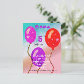 Paarse Rode Ballons Kinderen van Birthday  Uitnodiging Briefkaart (Staand voorkant)