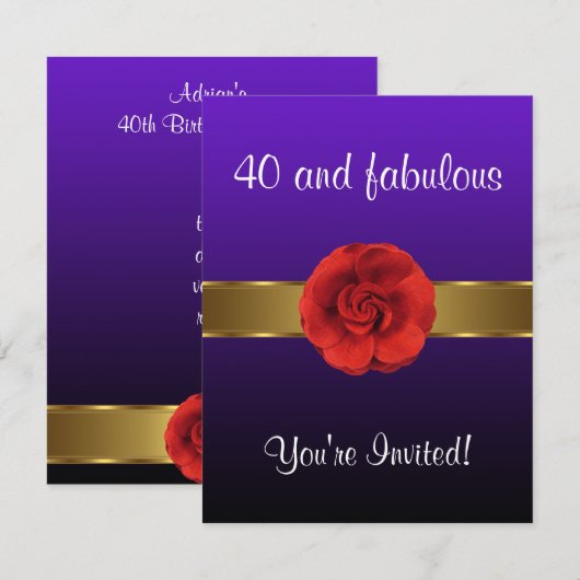 Paarse Rode Bloem - Fabulous 40th Kaart (Voorkant / Achterkant)