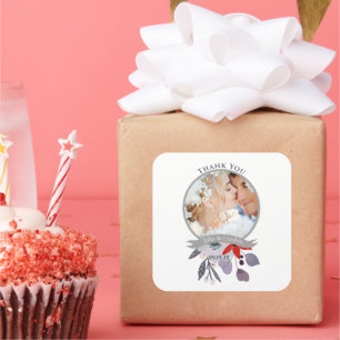 Paarse rode blush roze blauw bloemenkrans bruiloft vierkante sticker