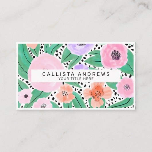 Paarse Rode Floral Polka Dots Waterverf Monogram Visitekaartje (Voorkant)