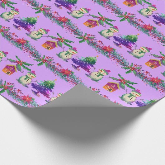 Paarse rode groene illustratieve sneeuwman & kerst cadeaupapier (Hoek)