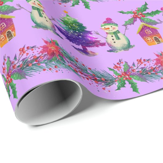 Paarse rode groene illustratieve sneeuwman & kerst cadeaupapier (Rol Hoek)