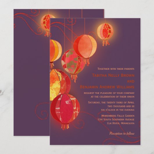 Paarse rode papieren lantaarns kaart (Voorkant / Achterkant)
