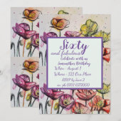 Paarse Rode Poppy Floral 60e verjaardag Uitnodigin Kaart (Voorkant / Achterkant)