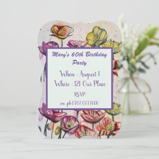 Paarse Rode Poppy Floral 60e verjaardag Uitnodigin Kaart (Staand voorkant)