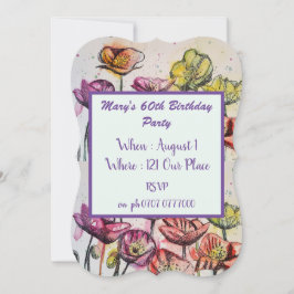 Paarse Rode Poppy Floral 60e verjaardag Uitnodigin Kaart