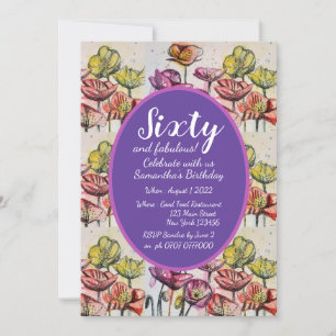 Paarse Rode Poppy Floral 60e verjaardag Uitnodigin Kaart