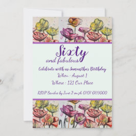 Paarse Rode Poppy Floral 60e verjaardag Uitnodigin Kaart