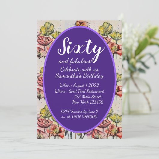 Paarse Rode Poppy Floral 60e verjaardag Uitnodigin Kaart (Staand voorkant)