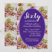 Paarse Rode Poppy Floral 60e verjaardag Uitnodigin Kaart (Voorkant / Achterkant)