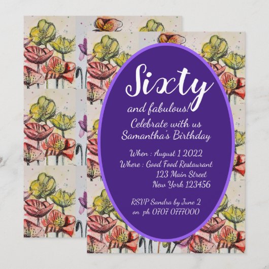 Paarse Rode Poppy Floral 60e verjaardag Uitnodigin Kaart (Voorkant / Achterkant)