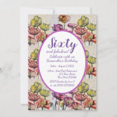 Paarse Rode Poppy Floral 60e verjaardag Uitnodigin Kaart (Voorkant)