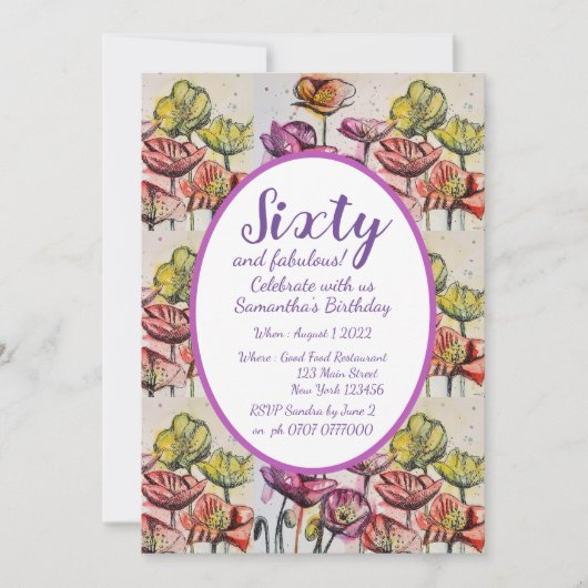 Paarse Rode Poppy Floral 60e verjaardag Uitnodigin Kaart (Voorkant)
