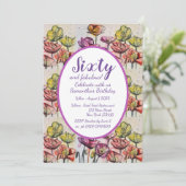 Paarse Rode Poppy Floral 60e verjaardag Uitnodigin Kaart (Staand voorkant)