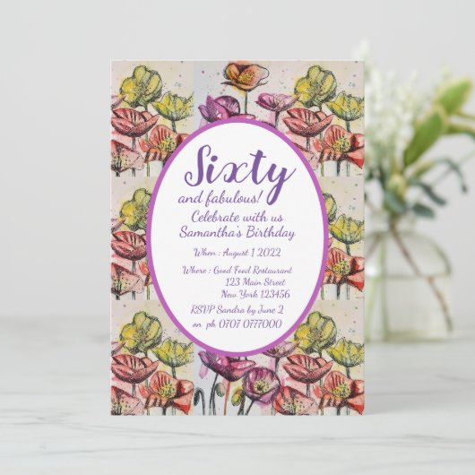 Paarse Rode Poppy Floral 60e verjaardag Uitnodigin Kaart (Staand voorkant)