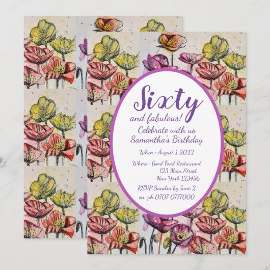 Paarse Rode Poppy Floral 60e verjaardag Uitnodigin Kaart (Voorkant / Achterkant)